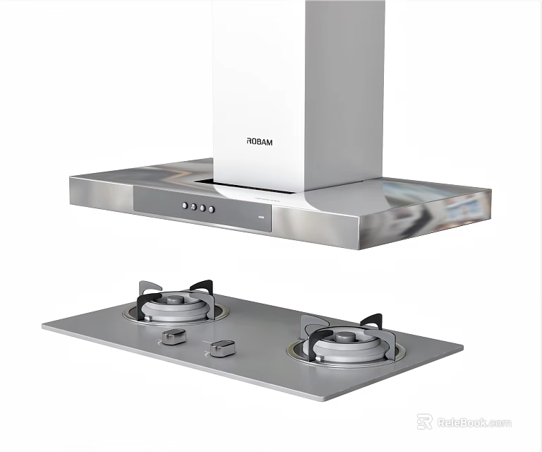 Modern Kitchen Appliances With White Range Hood And Stainless Steel Double Burner Gas Stove 3d model 