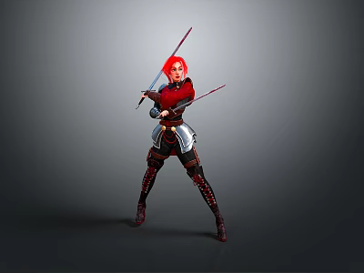 Red Haired Woman in Armor Holding Two Red Swords in Battle Stance 3d model