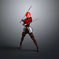 Red Haired Woman in Armor Holding Two Red Swords in Battle Stance