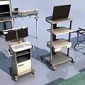 Diverse Medical Equipment Assortment Featuring Surgical Tables Instrument Stands And Trays