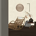 Wicker Lounge Chair In Light Beige Interior With Circular Wooden Decor And Wall Light