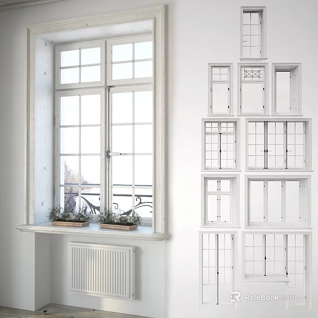 White Dining Table in Bright Room with Large Window Small Plants and Wall Decorations 3d model 