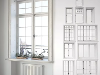 White Dining Table in Bright Room with Large Window Small Plants and Wall Decorations 3d model