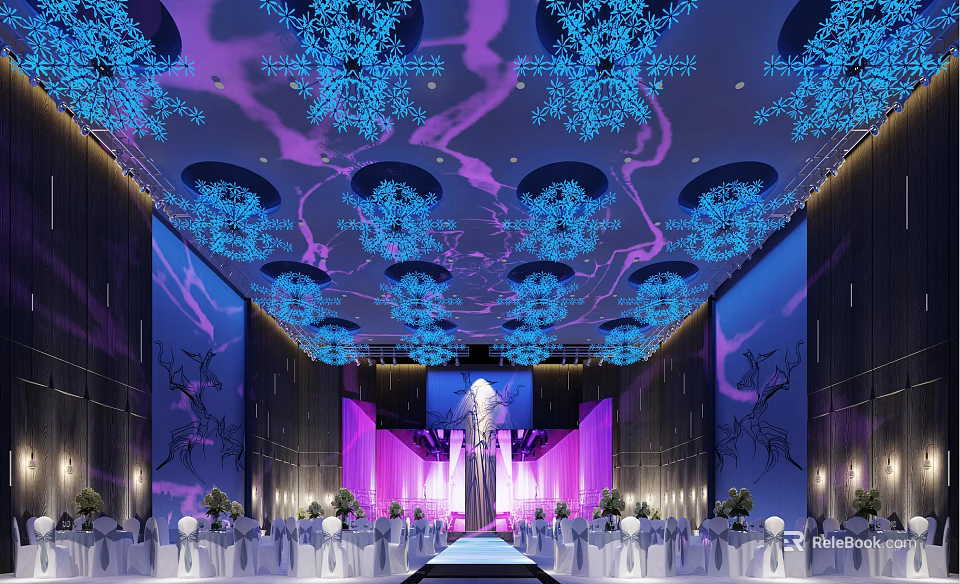 Luxurious Banquet Hall Interior With Blue Decorative Ceiling Purple Lighting And Central Stage 3d model 