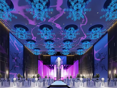 Luxurious Banquet Hall Interior With Blue Decorative Ceiling Purple Lighting And Central Stage 3d model