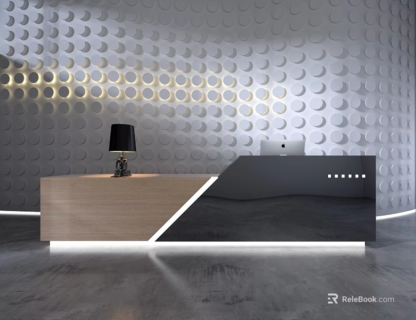 Modern Reception Desk With Wooden Black Finish Table Lamp Laptop And Circular Patterned Wall 3d model 