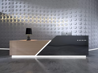 Modern Reception Desk With Wooden Black Finish Table Lamp Laptop And Circular Patterned Wall 3d model