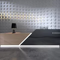 Modern Reception Desk With Wooden Black Finish Table Lamp Laptop And Circular Patterned Wall