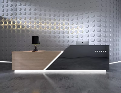 Modern Reception Desk With Wooden Black Finish Table Lamp Laptop And Circular Patterned Wall 3d model
