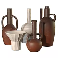 Ceramic Decorative Ornament Set With Brown White Vases Handle Bottles And Textured Design