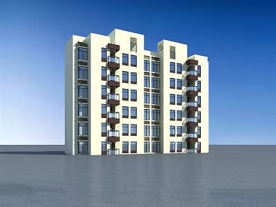 Modern Beige Residential Building Exterior Featuring Multiple Windows And Brown Balconies 3d model