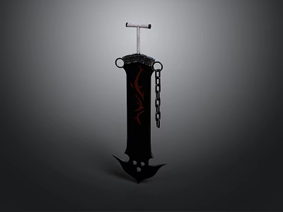 Intricate Black Decorative Sword With Red Flame Pattern And Hanging Chain 3d model