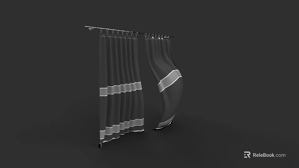 Modern Striped Window Curtains Hanging On Metal Rod For Home Interior Decor 3d model 