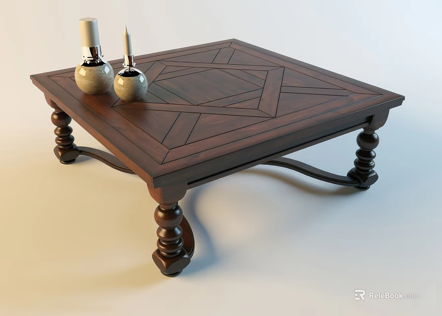 Dark Wooden Coffee Table With Geometric Pattern Inlay And Carved Legs With Candle Holders 3d model 