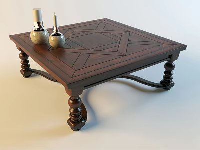 Dark Wooden Coffee Table With Geometric Pattern Inlay And Carved Legs With Candle Holders 3d model