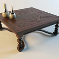 Dark Wooden Coffee Table With Geometric Pattern Inlay And Carved Legs With Candle Holders