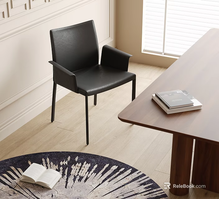 Modern Black Leather Dining Chair With Wooden Table And Books In Home Interior 3d model 