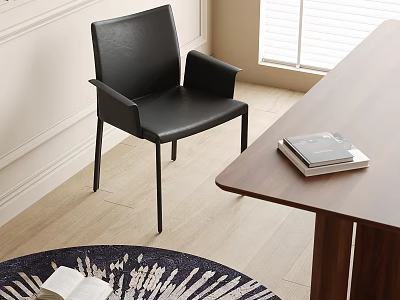 Modern Black Leather Dining Chair With Wooden Table And Books In Home Interior 3d model