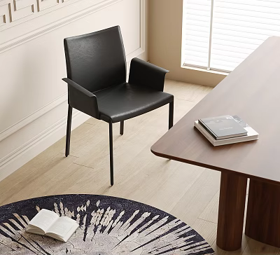Modern Black Leather Dining Chair With Wooden Table And Books In Home Interior 3d model