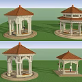 Traditional Pavilion Designs With Red Roof White Columns Circular Base On Grass And Water Surface
