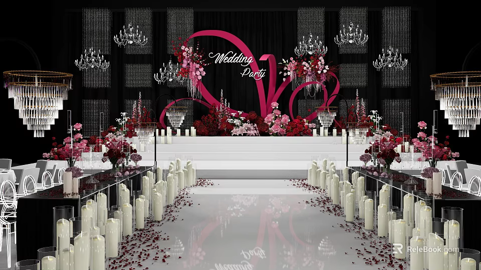 Banquet Hall Decorated For Wedding Party With Pink Floral Decor Chandeliers And Petals 3d model 