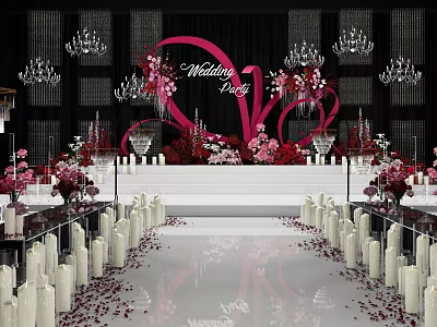 Banquet Hall Decorated For Wedding Party With Pink Floral Decor Chandeliers And Petals 3d model