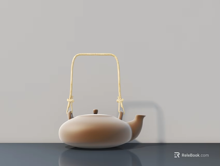 Brown And White Teapot With Golden Handle On Gray Tabletop 3d model