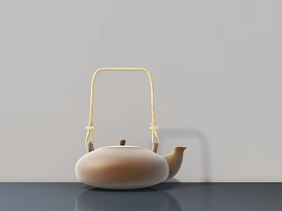 Brown And White Teapot With Golden Handle On Gray Tabletop 3d model