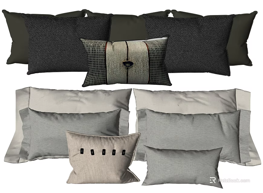 Decorative Throw Pillows In Black Gray Beige With Checkered Patterns Button Accents And Various Shapes 3d model 