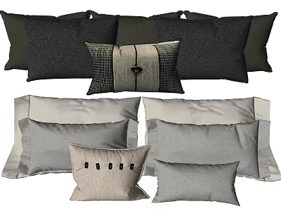 Decorative Throw Pillows In Black Gray Beige With Checkered Patterns Button Accents And Various Shapes 3d model