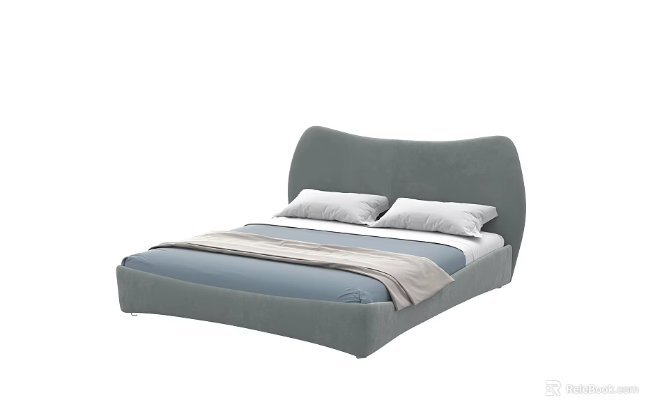 Modern Gray Double Bed with Curved Headboard Blue Beige Sheets and Pillows 3d model 