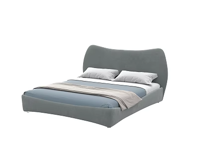 Modern Gray Double Bed with Curved Headboard Blue Beige Sheets and Pillows 3d model