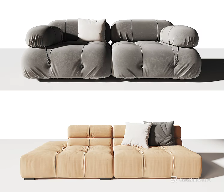 Gray and Beige Two Seater Sofa with Plush Armrests Stitched Design and Velvet Accent Pillows 3d model 