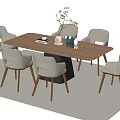 Modern Wooden Dining Table Set With Six Light Colored Chairs Green Plant And Books