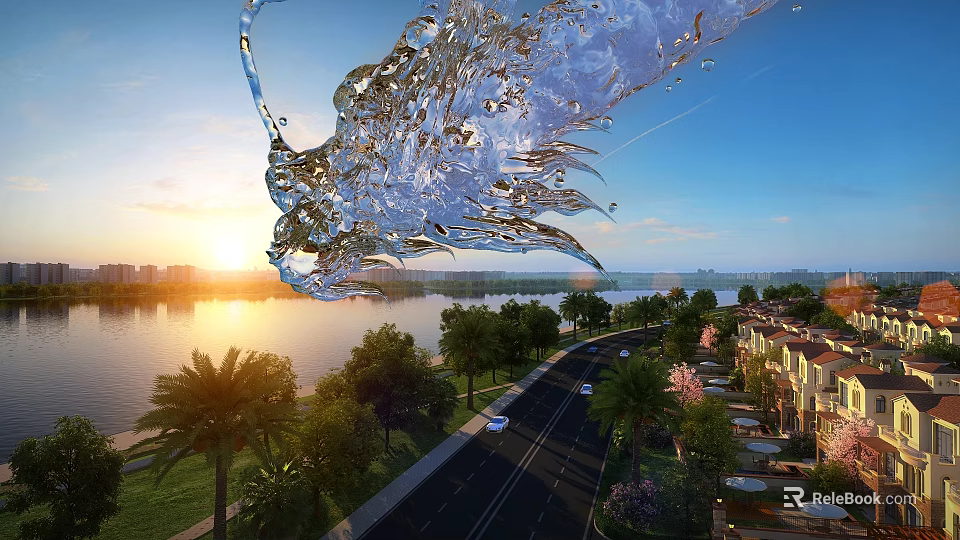 Townhouse Community With Lakeside Sunset View And Palm Trees Along Road 3d model 