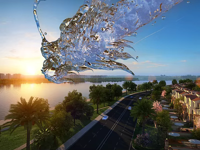 Townhouse Community With Lakeside Sunset View And Palm Trees Along Road 3d model
