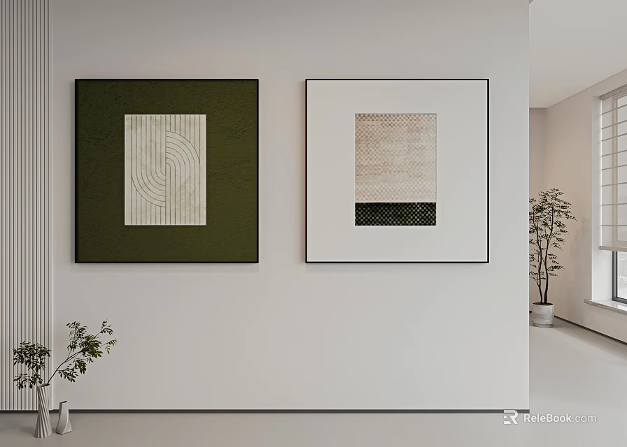 Abstract Paintings With Green And White Frames In Modern Interior Wall Decor 3d model 
