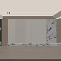 Modern Elegant Living Room With Beige Marble Feature Wall And Wooden Storage Cabinets