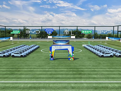 BYD New Energy Vehicle Event Entrance With Green Lawn And Rows Of Cars 3d model