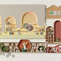 Children's Reading Room With Colorful Bookshelves Arched Design Stuffed Animals And Corkboard Drawings