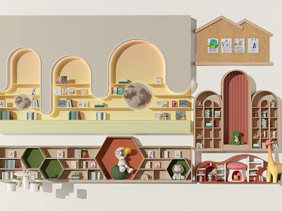 Children's Reading Room With Colorful Bookshelves Arched Design Stuffed Animals And Corkboard Drawings 3d model
