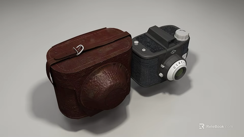 Brown Leather Camera Case And Black Digital Camera With White Lens Design 3d model