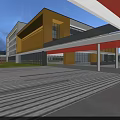 Primary School Building Modern White And Yellow Exterior With Large Windows Lawn And Campus Road
