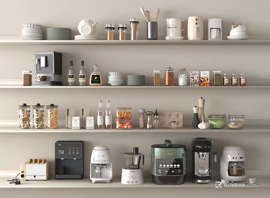 Modern Kitchen Shelves Displaying Various Household Appliances With Coffee Maker Blender And Toaster 3d model 