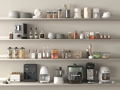 Modern Kitchen Shelves Displaying Various Household Appliances With Coffee Maker Blender And Toaster 3d model