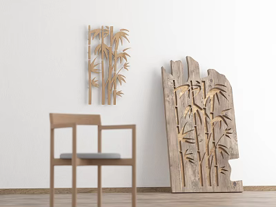 Wooden Silhouette Decorations With Bamboo Branches On Wall And Chair In Interior Scene 3d model