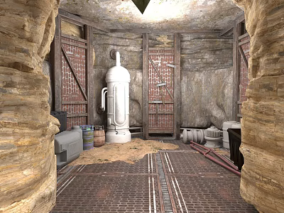 Underground Cave Interior With Rock Walls Red Brick Doors White Equipment And Metal Grid Floor 3d model