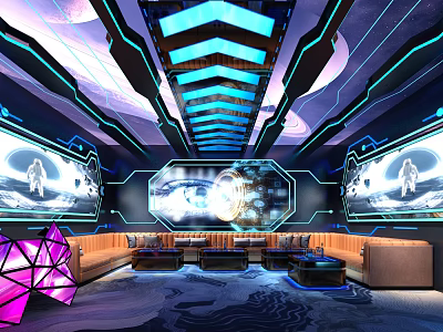 Modern Futuristic KTV Interior With Neon Lights Screens And Sofas 3d model