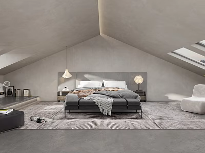 Modern Bedroom Interior With Vaulted Ceiling Skylights Platform Bed And Textured Rug 3d model