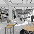 Modern Cafe Interior With Open Space Comfy Sofas Tables Chairs Hanging Lights And Green Plants